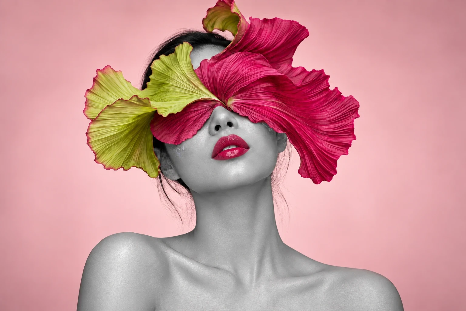 Selective-colour version: Pink and lime-green petals cover the eyes above glossy pink lips