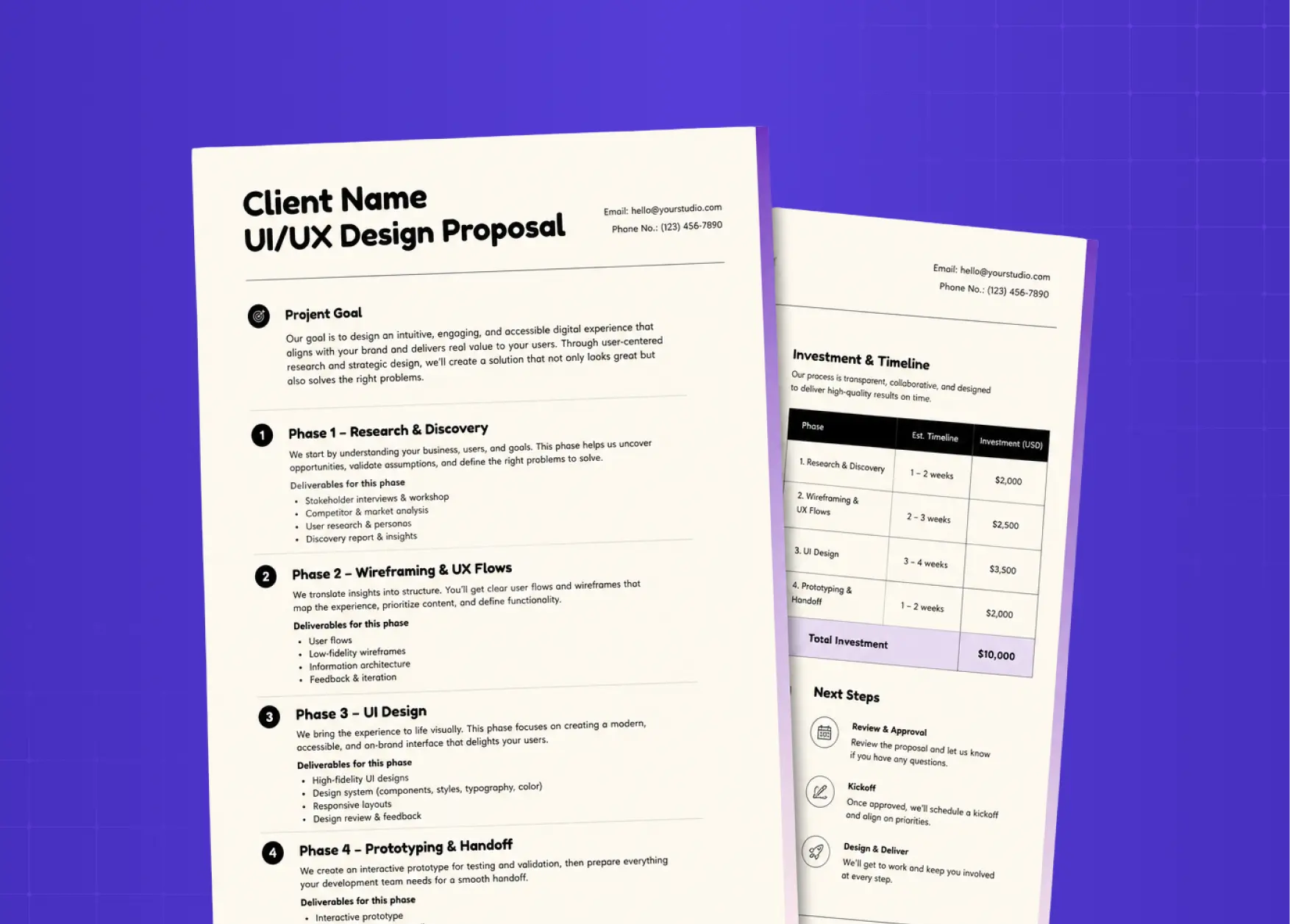 Sample UX design proposal document outlining project phases, timeline, deliverables, pricing, and next steps for a client.