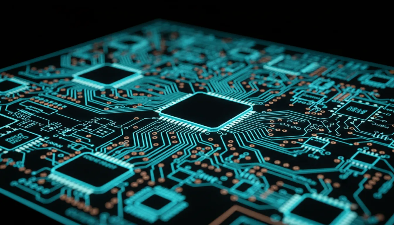 DSLR macro photograph of a complex electronic circuit board schematic, viewed from a low, dramatic angle. The entire schematic is backlit, with intricate traces and component diagrams glowing in a vibrant cyan light against a pitch-black background. Cinematic contrast lighting highlights the fine details. The photo has a very shallow depth of field, with the central portion of the blueprint in sharp focus while the foreground and background dissolve into a soft, glowing bokeh.