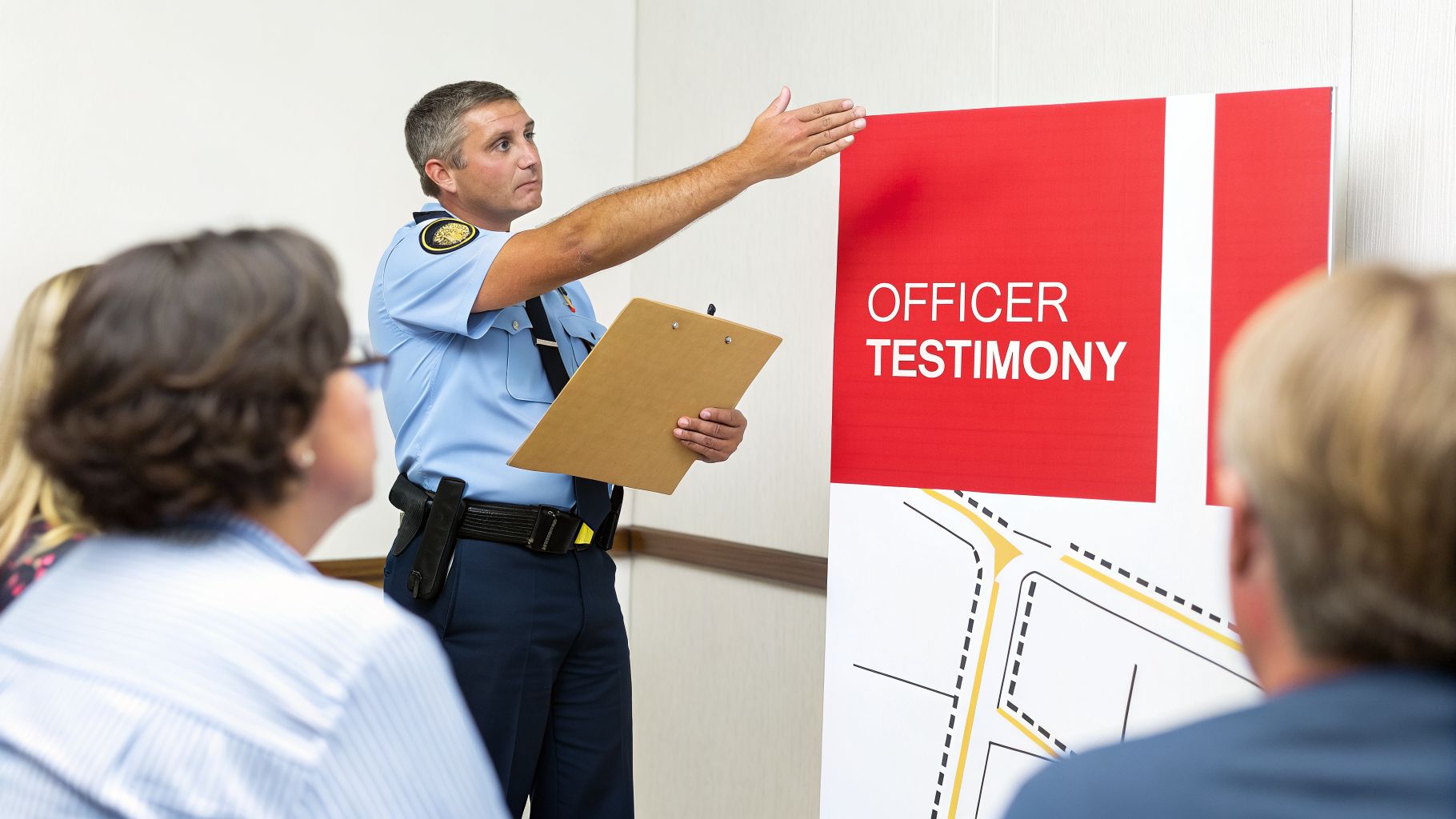 A police officer in uniform presents to a group, pointing at a red sign that reads