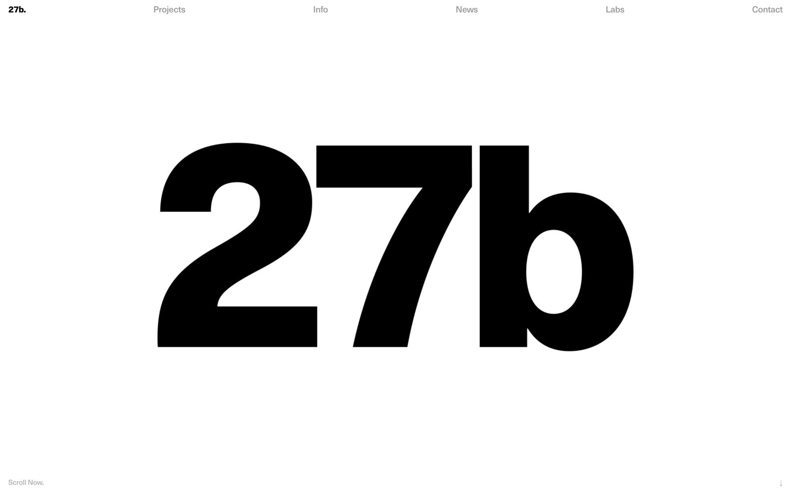 Large bold black text "27b" centered on a white background, with a minimalist header containing menu items: Projects, Info, News, Labs, Contact.