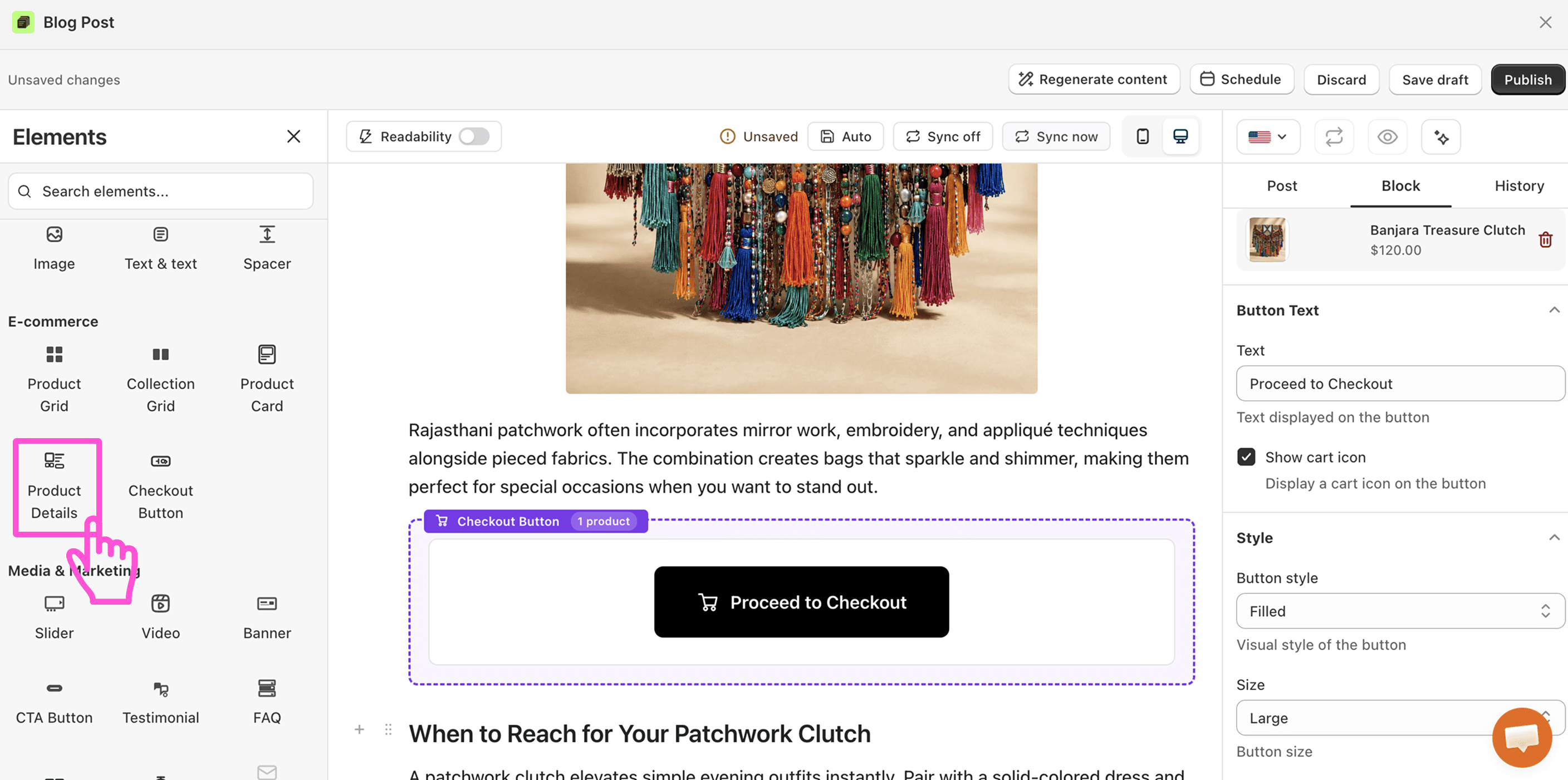 add product checkout button to shopify blog post