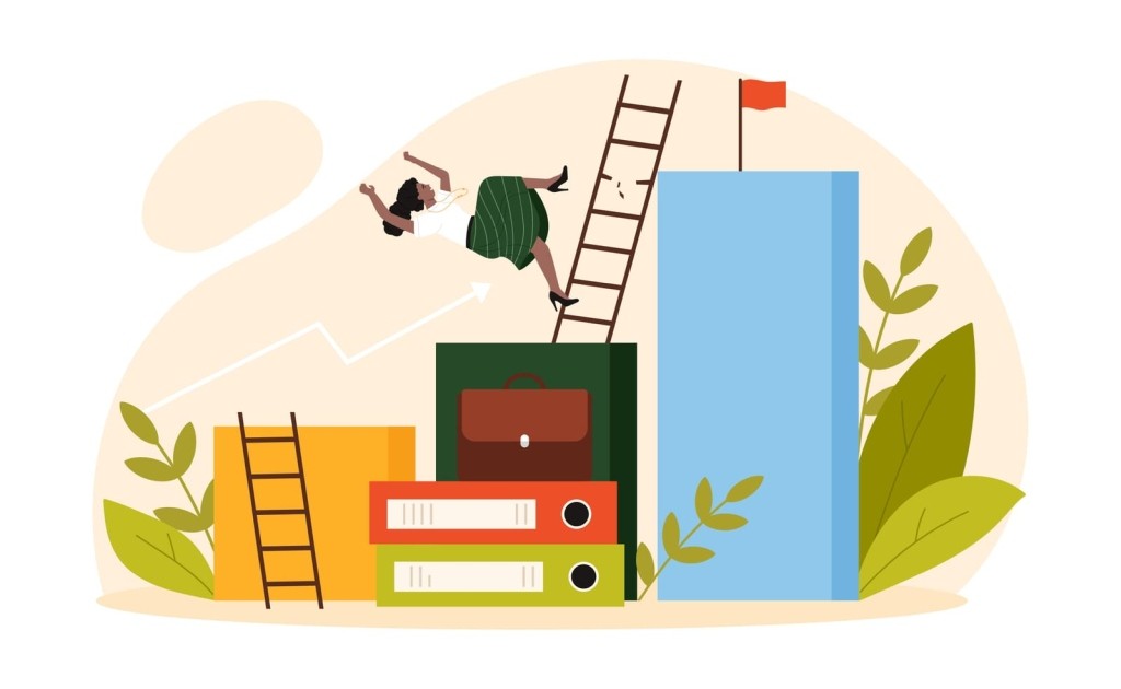 unhappy tiny businesswoman falling