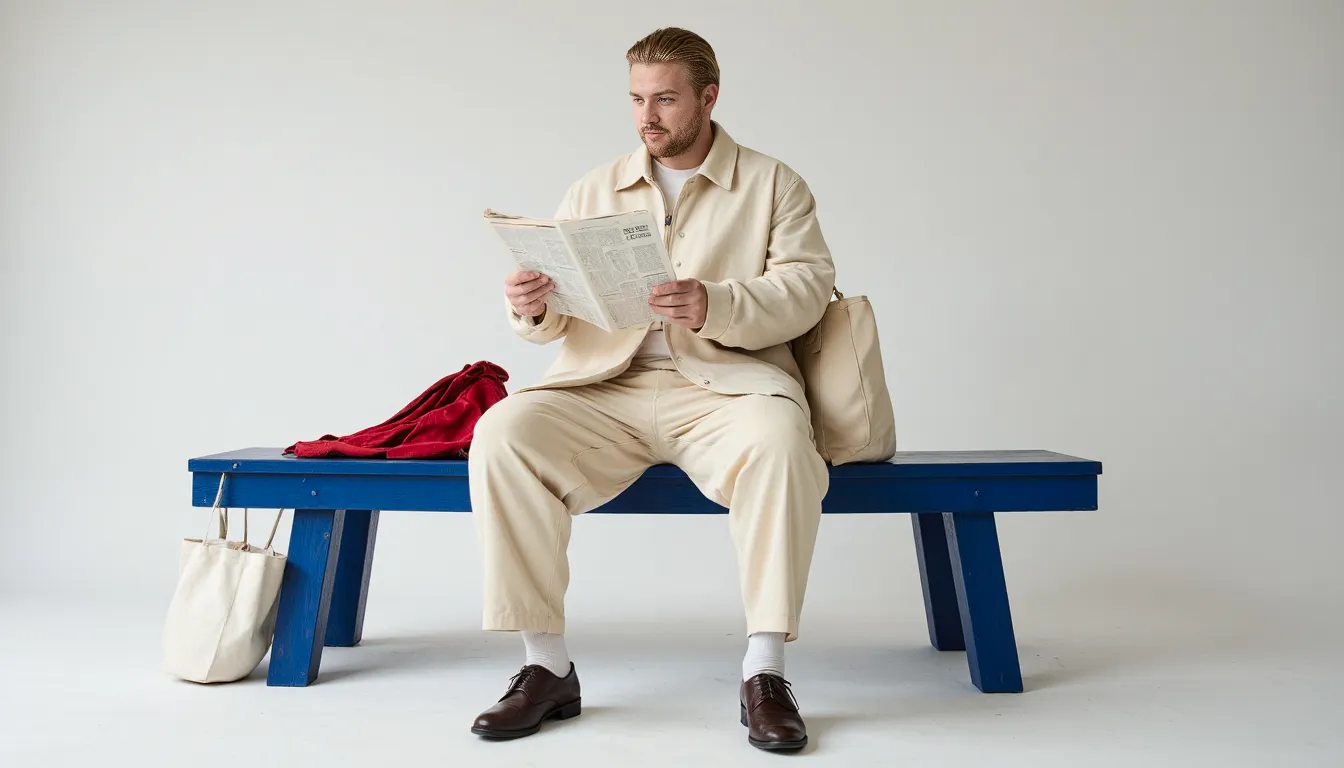 Person in cream outfit sitting on blue bench reading newspaper, styled with brown shoes and cream tote bag, red accent fabric nearby