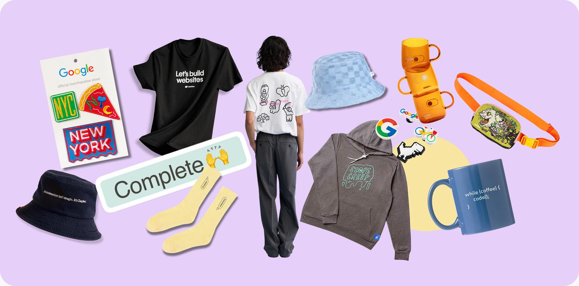 Branded merch from top software companies, including apparel, accessories, and collectibles. 