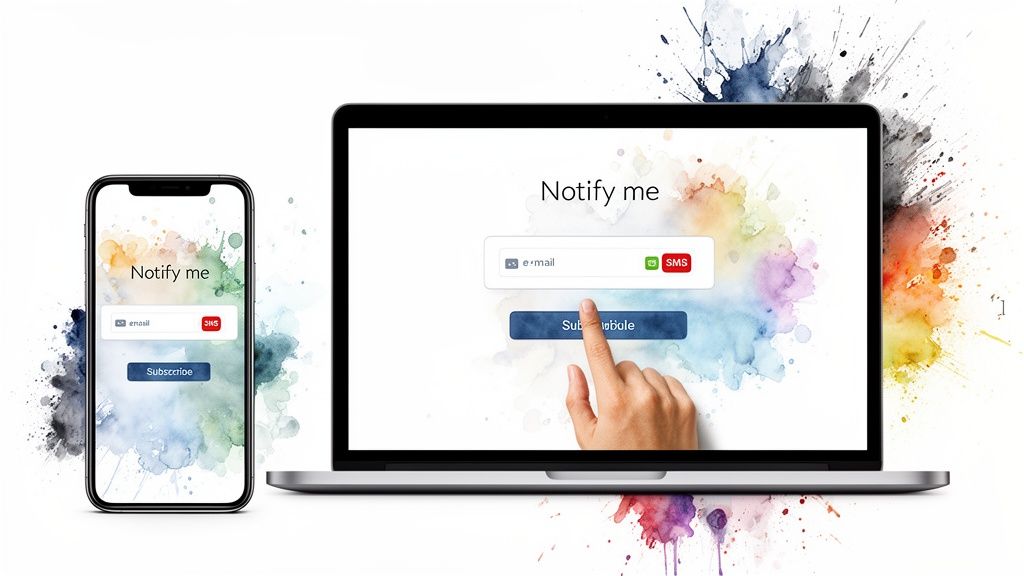 A smartphone and laptop display a 'Notify me' form with email, SMS, and subscribe options, against a colorful watercolor background.