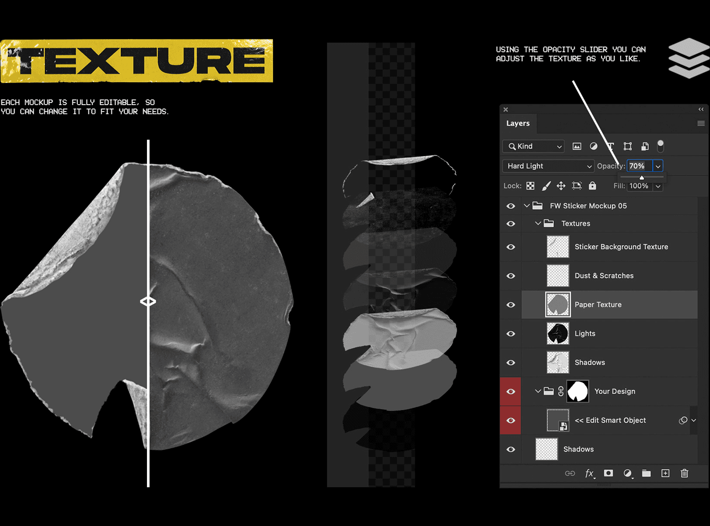 Photoshop workspace view demonstrating fully editable layers for paper texture, shadows, and adjustable opacity settings