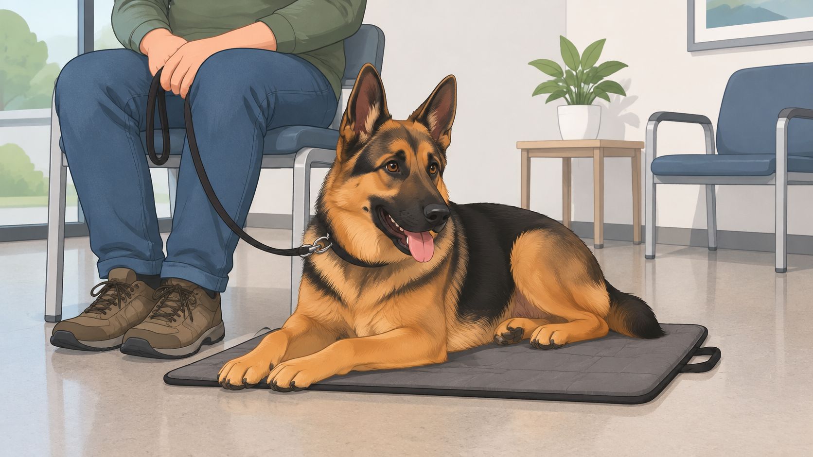 A German Shepherd service dog lying calmly on a mat next to its owner in a clinic