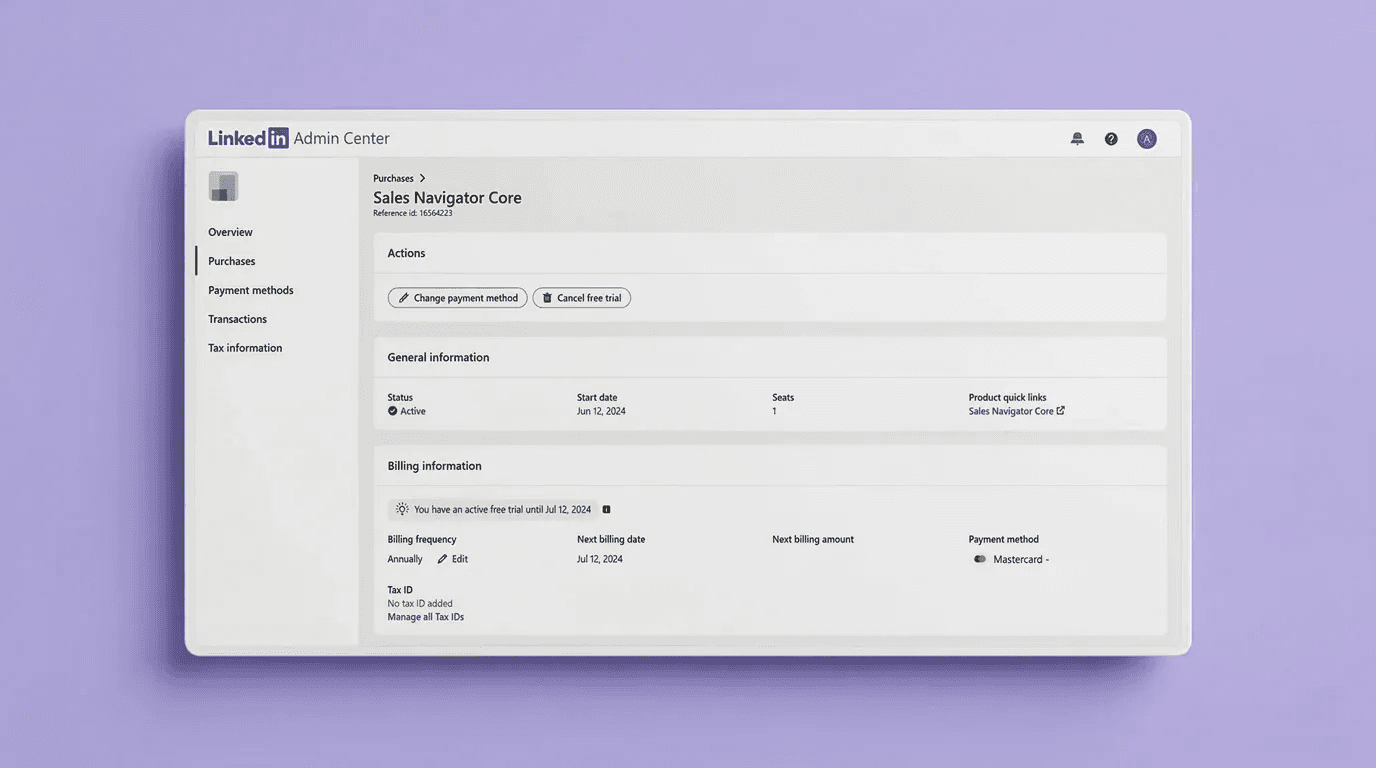 LinkedIn's desktop admin center, displaying a user's recent purchases, with a focus on the Sales Navigator Core subscription