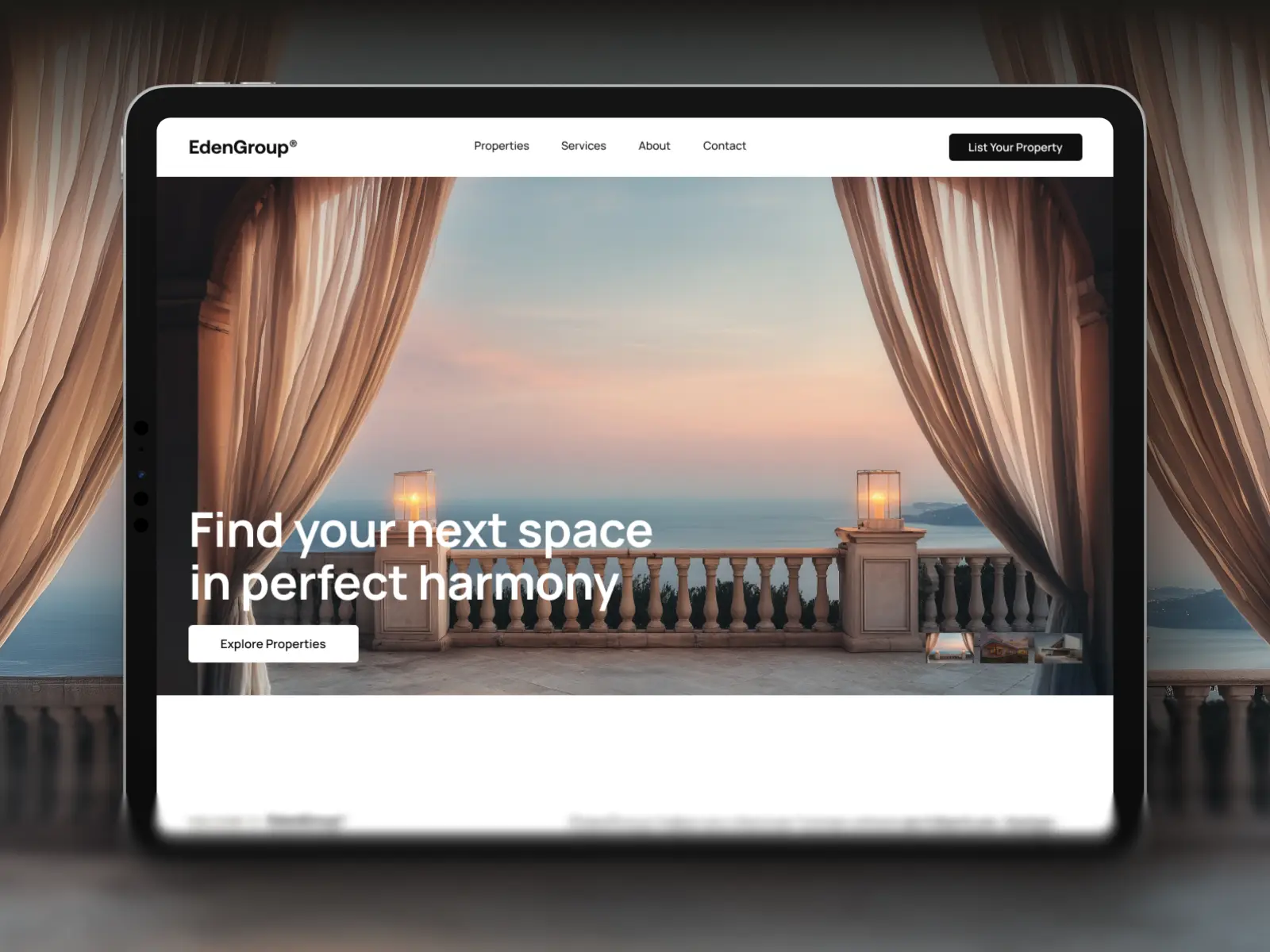 Luxury real estate Framer website template displayed on a tablet with an elegant villa overlooking the sea at sunset.