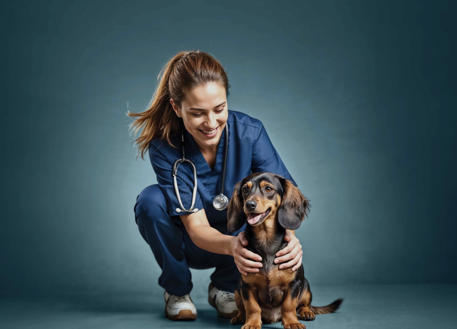 A vet crouched down cuddling a dachshund dog
