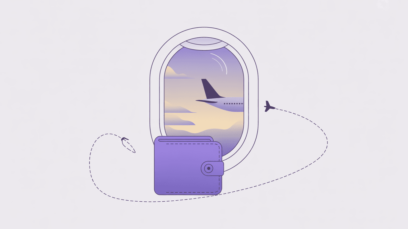 A purple wallet in front of an aeroplane window with a flight path looping around it