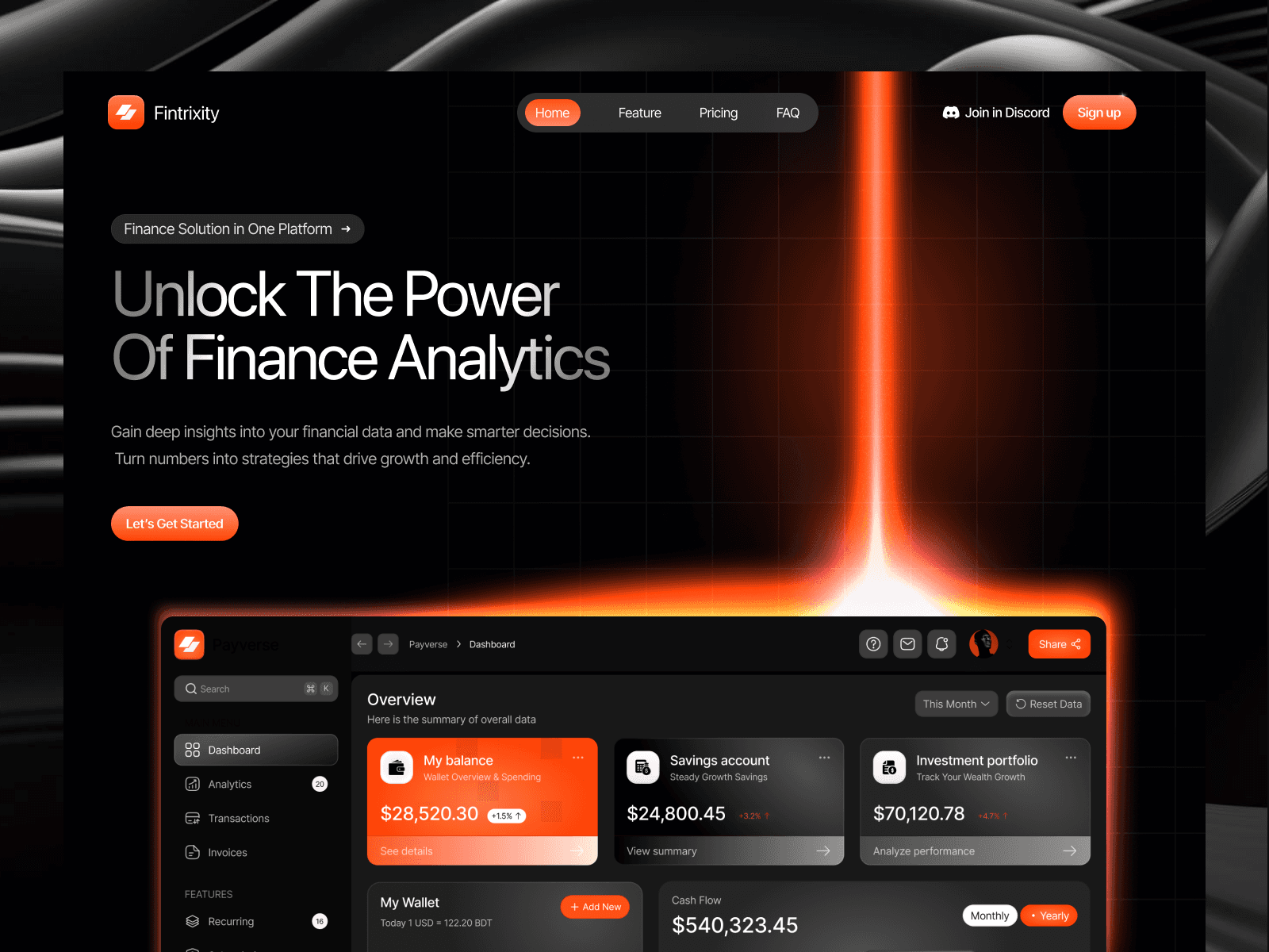 Finance analytics dashboard landing page