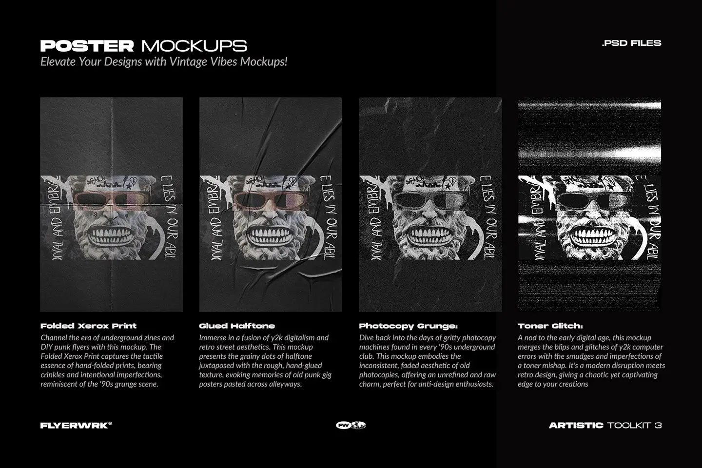 Artistic Toolkit 3 vintage photocopy poster mockups with folded paper textures