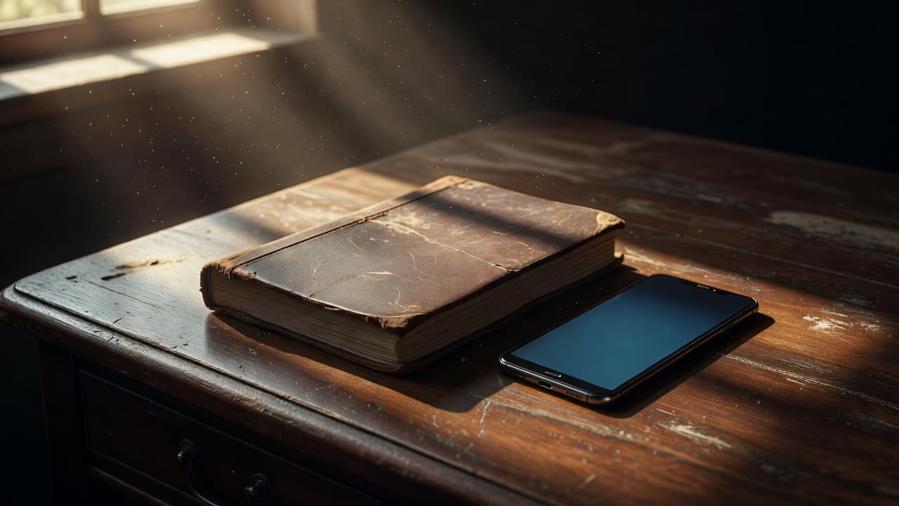 A dusty leather-bound journal lies on a weathered wooden desk next to a sleek smartphone. Warm sunlight illuminates floating dust particles, creating a high-contrast atmosphere of discovery and hidden professional value.