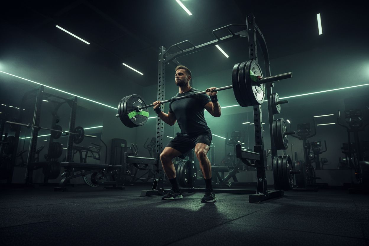 Person squatting with a barbell in a gym