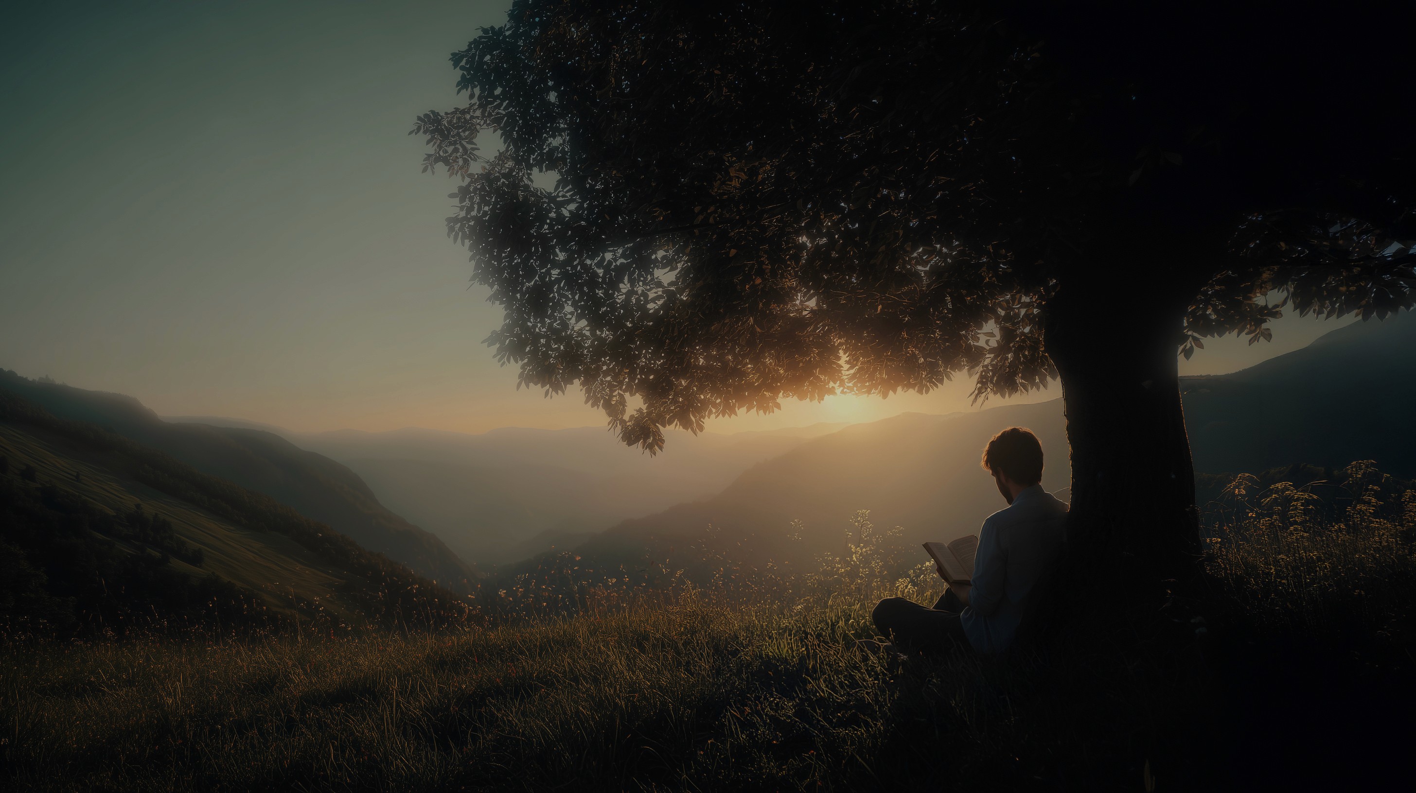 Persona leyendo bajo un árbol al atardecer con paisaje de montañas y luz dorada en el horizonte