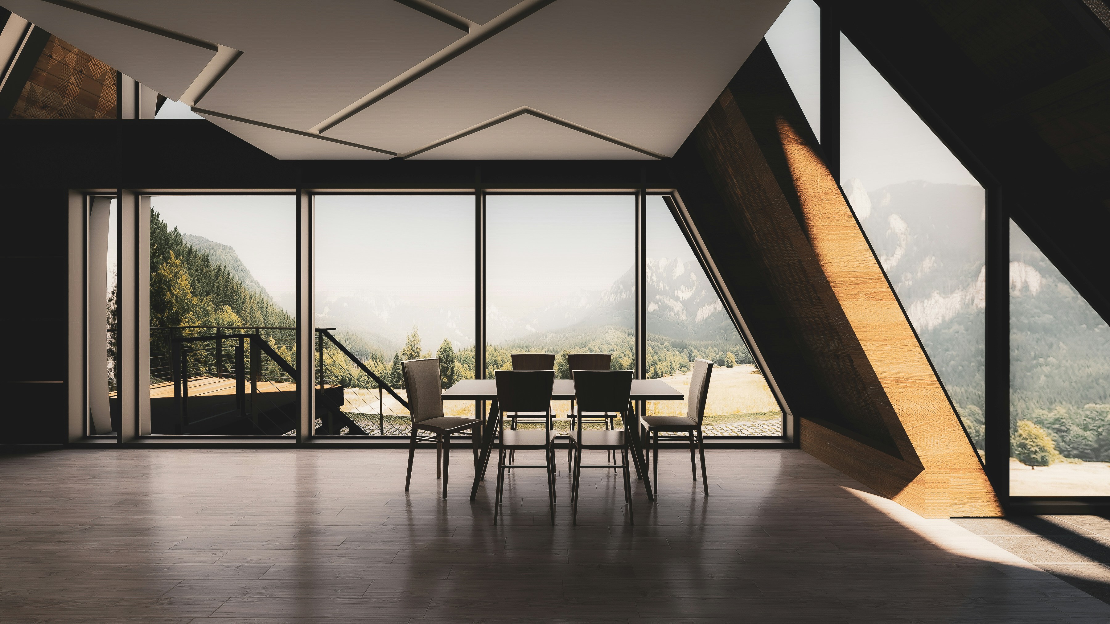 Interior render of a modern dining area with large panoramic windows, mountain views, wood accents, and dramatic sunlight.