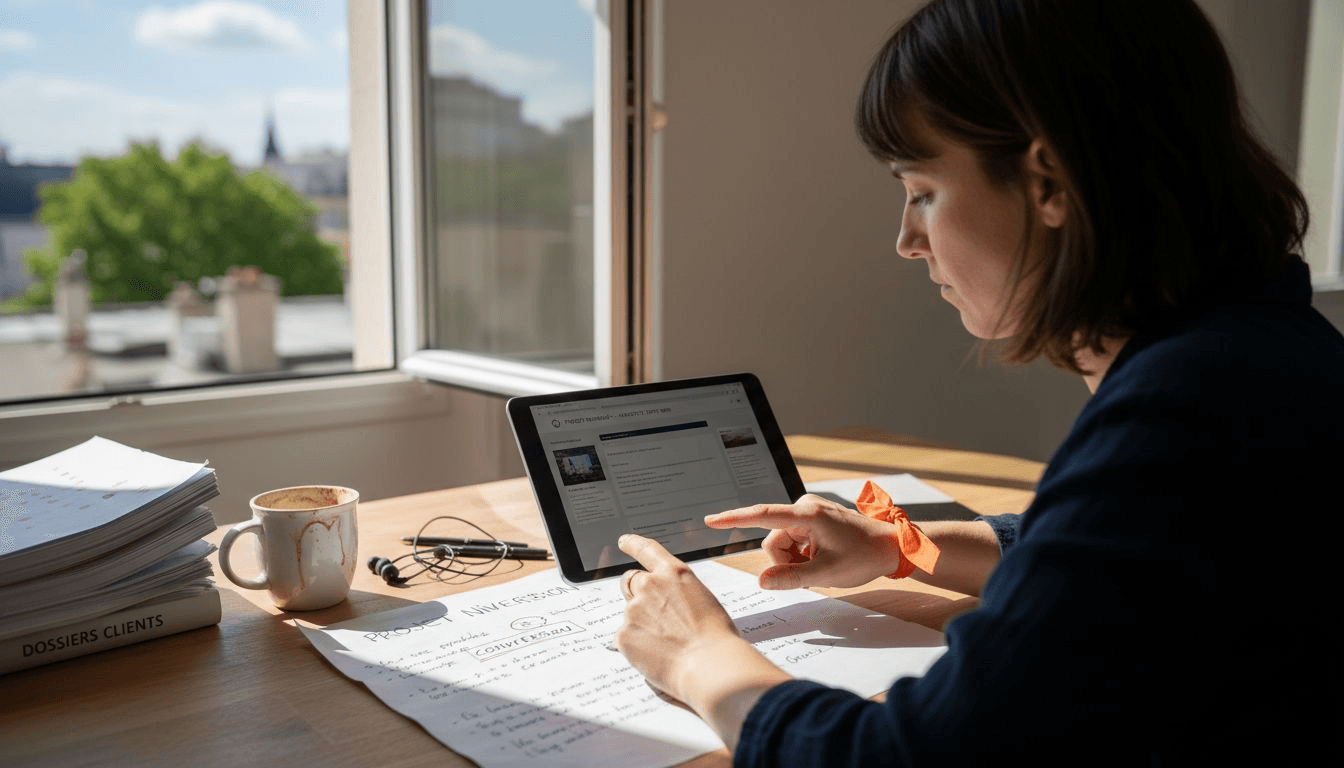 Une entrepreneure examine la structure de son site pour optimiser le taux de conversion.