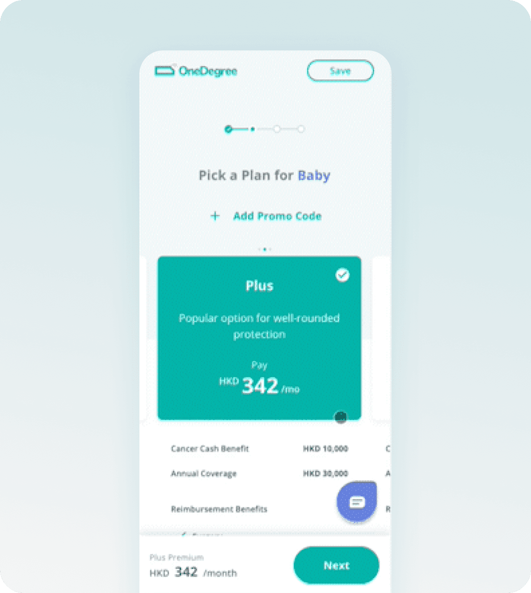 Plan selection interface in the virtual insurance purchase flow.