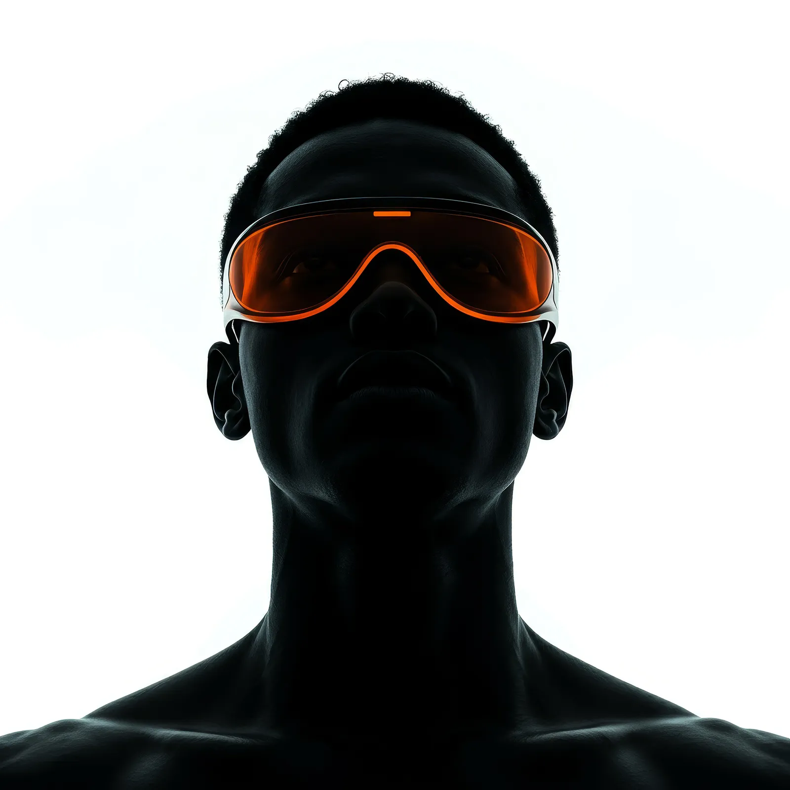 Silhouetted man wearing futuristic orange visor glasses against a bright white background.