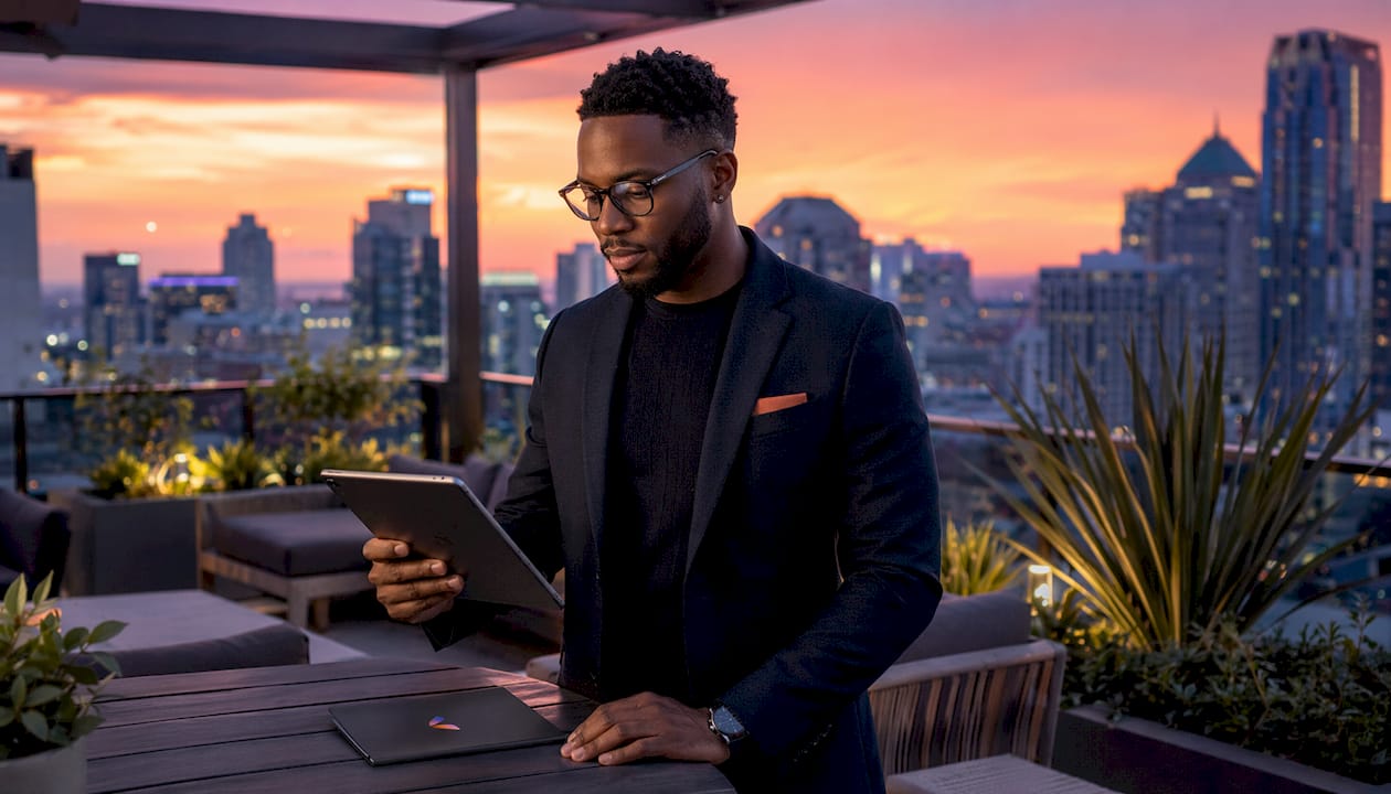 Sales manager interacting with AI forecasting tablet