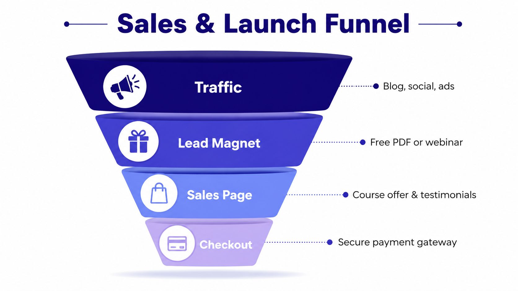 A diagram illustrating a four-stage sales and launch funnel for online courses and digital marketing campaigns.