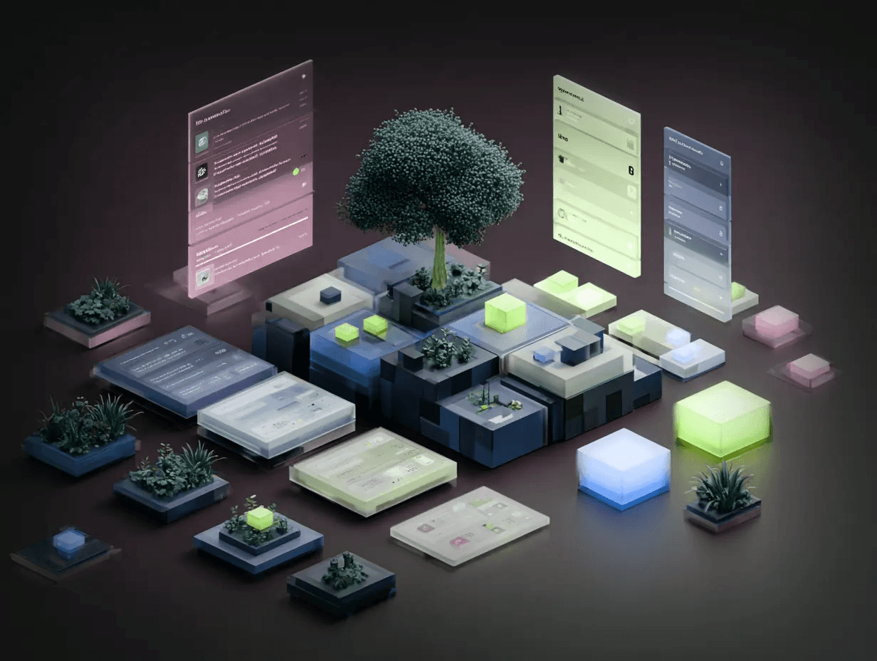 Voxel-style 3D ecosystem made of blocks, glowing elements and UI panels around a central tree, representing scalable web development services in Luxembourg.
