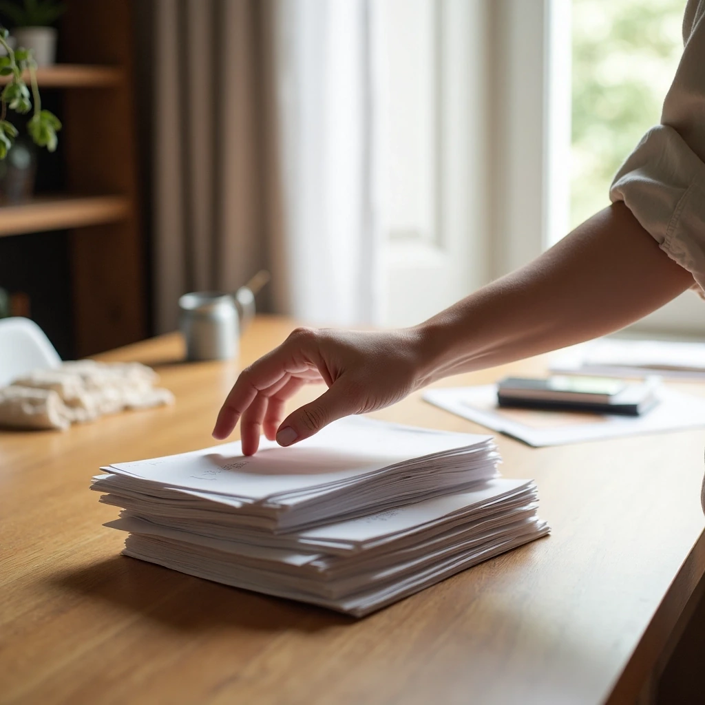 Main posant une pile de papiers sur un bureau clair