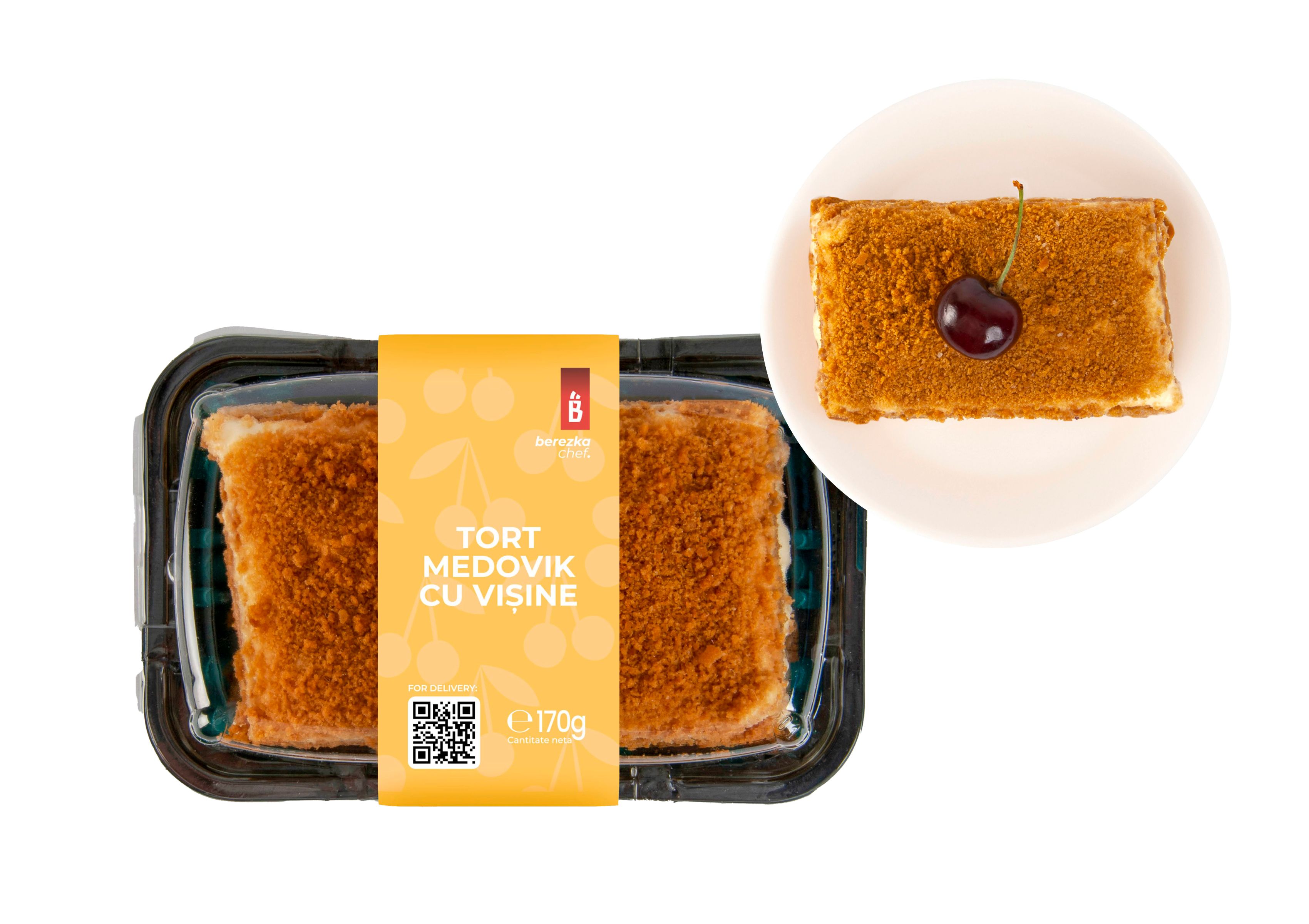 Berezka Chef dessert packaging — Medovik cake with sour cherries. Rectangular container and side plate view.