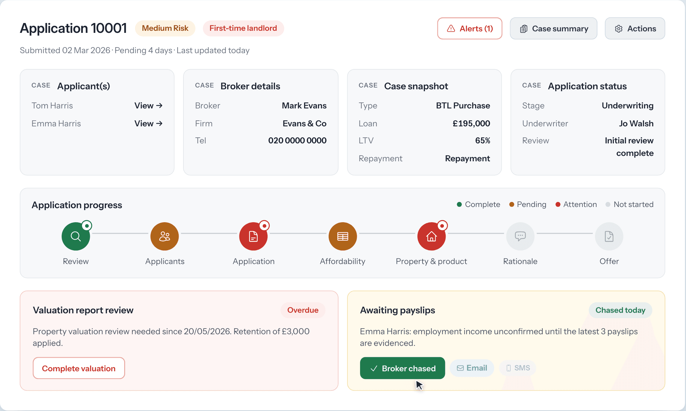 Mortgage Rail underwriting system: Application 10001 with case details, progress and alerts