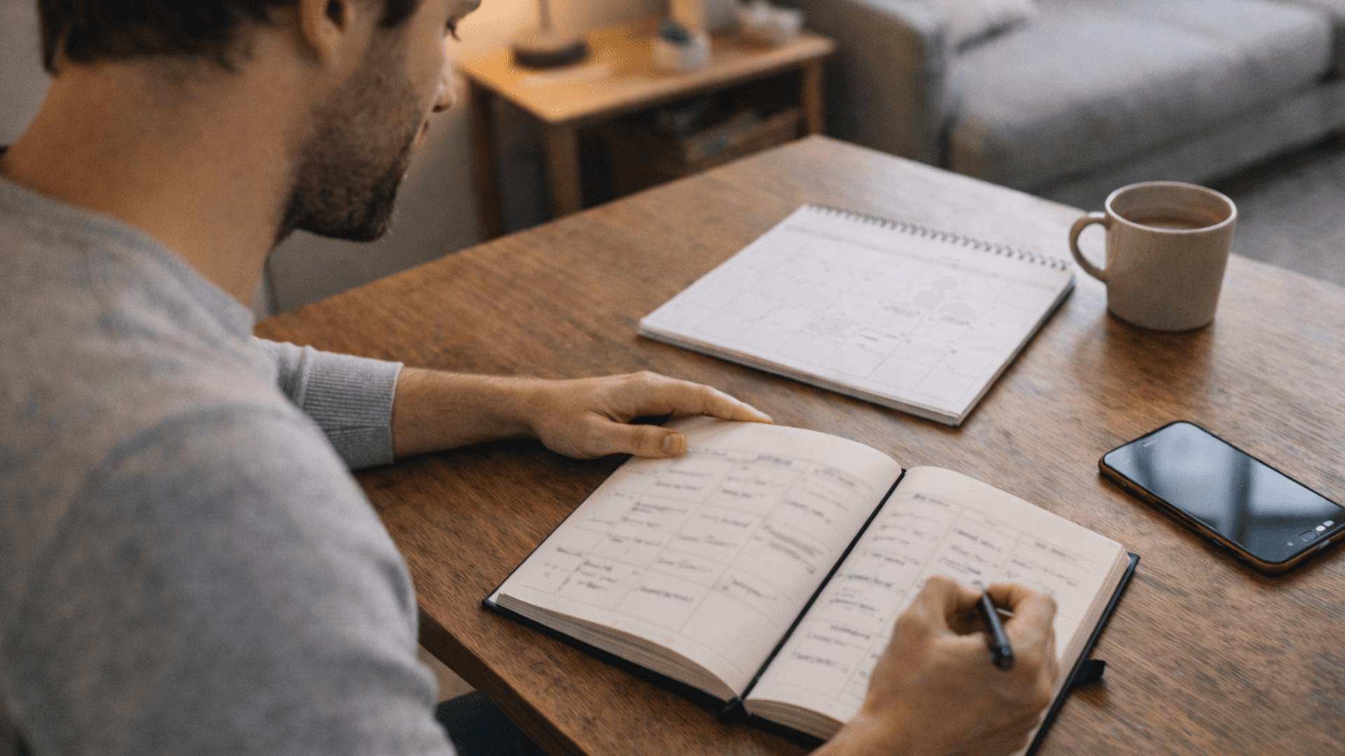 Mann sitzt an einem Holztisch und plant Termine in einem Notizbuch, daneben liegen Kalender, Smartphone und eine Kaffeetasse in ruhiger Wohnatmosphäre