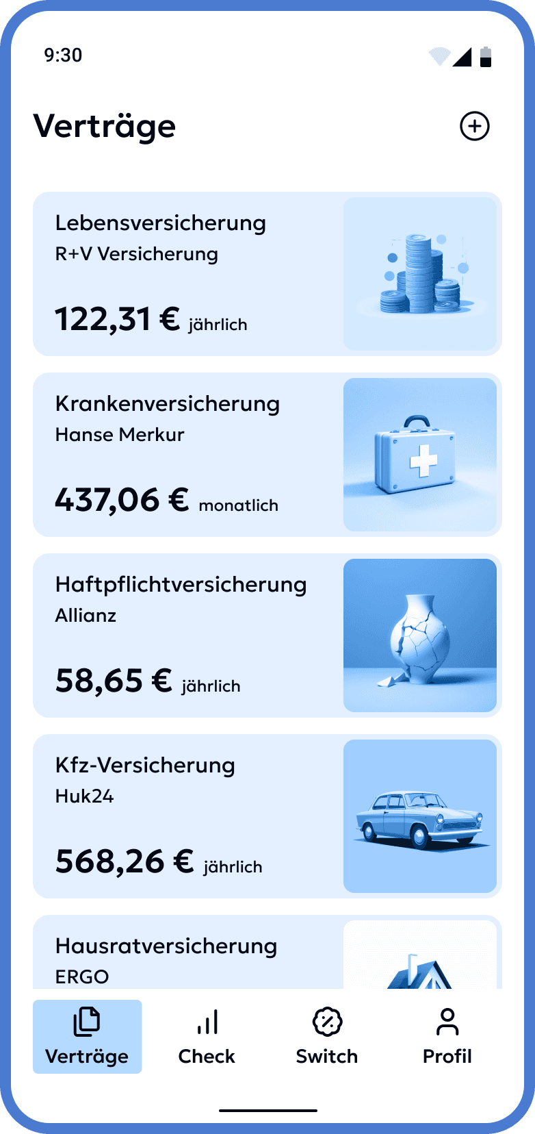 Screenshot der Monio App, der die Vertragsübersicht zeigt