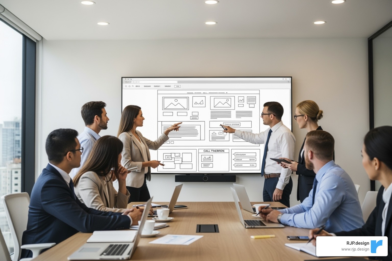Client and agency team collaborating, looking at a website wireframe on a large screen in a modern meeting room - web design & seo company