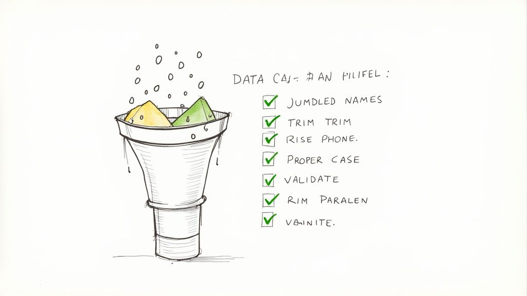 A person using a laptop with icons representing clean data, checks, and databases floating around, symbolizing data validation.