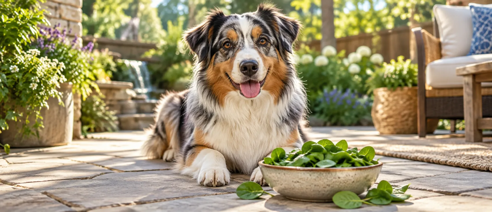 Australian shepherd lying on a patio beside a bowl of fresh spinach.