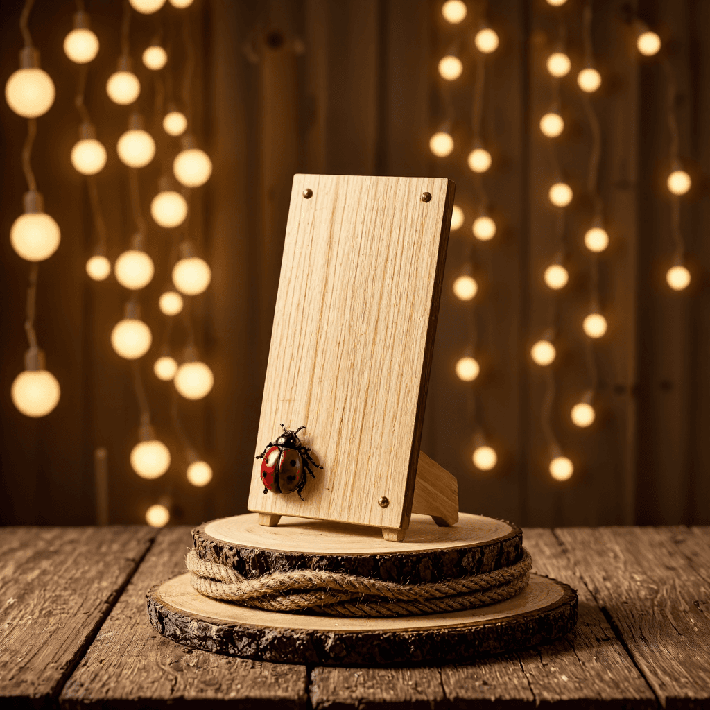 product photography of a wooden display stand with decorative rope and ladybug accents
