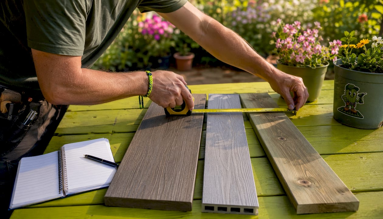 Comparison of composite decking material samples overhead