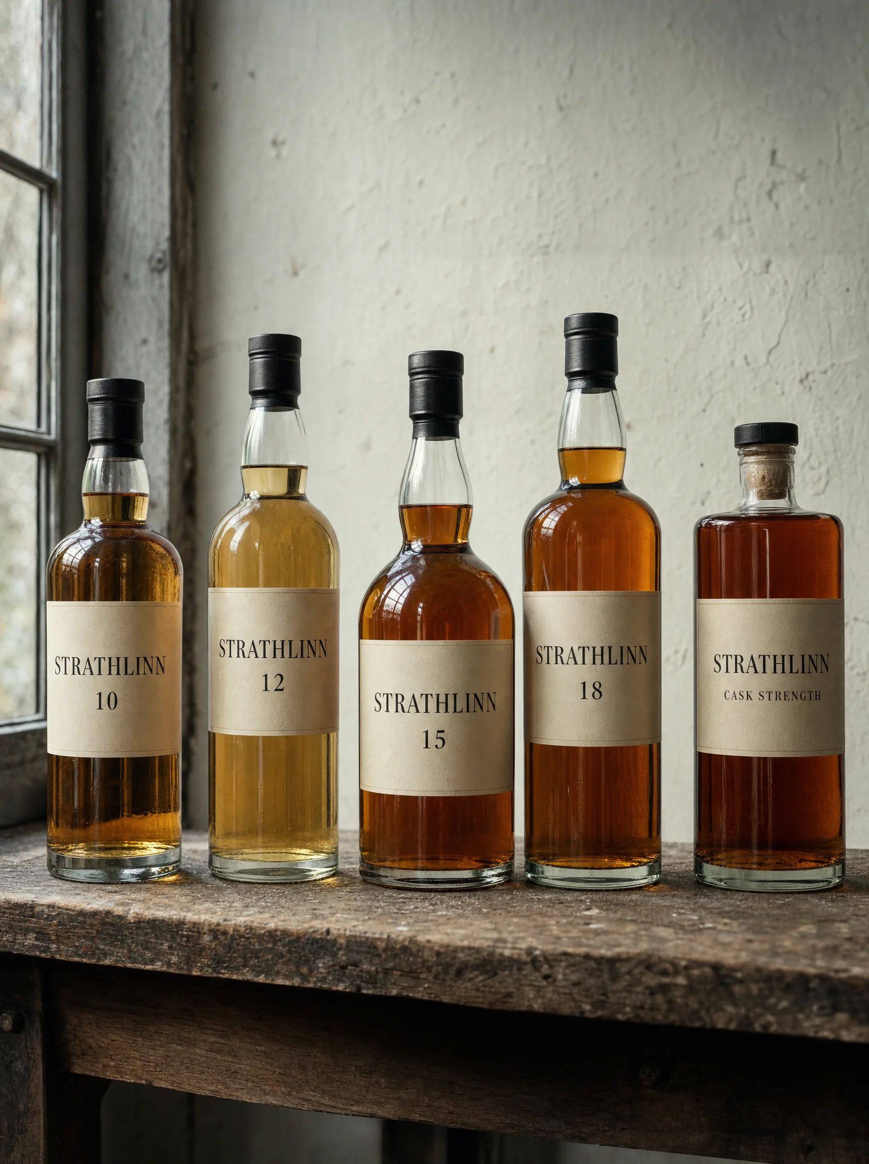 Five Strathlinn bottles from the 10 to the cask strength on an oak shelf