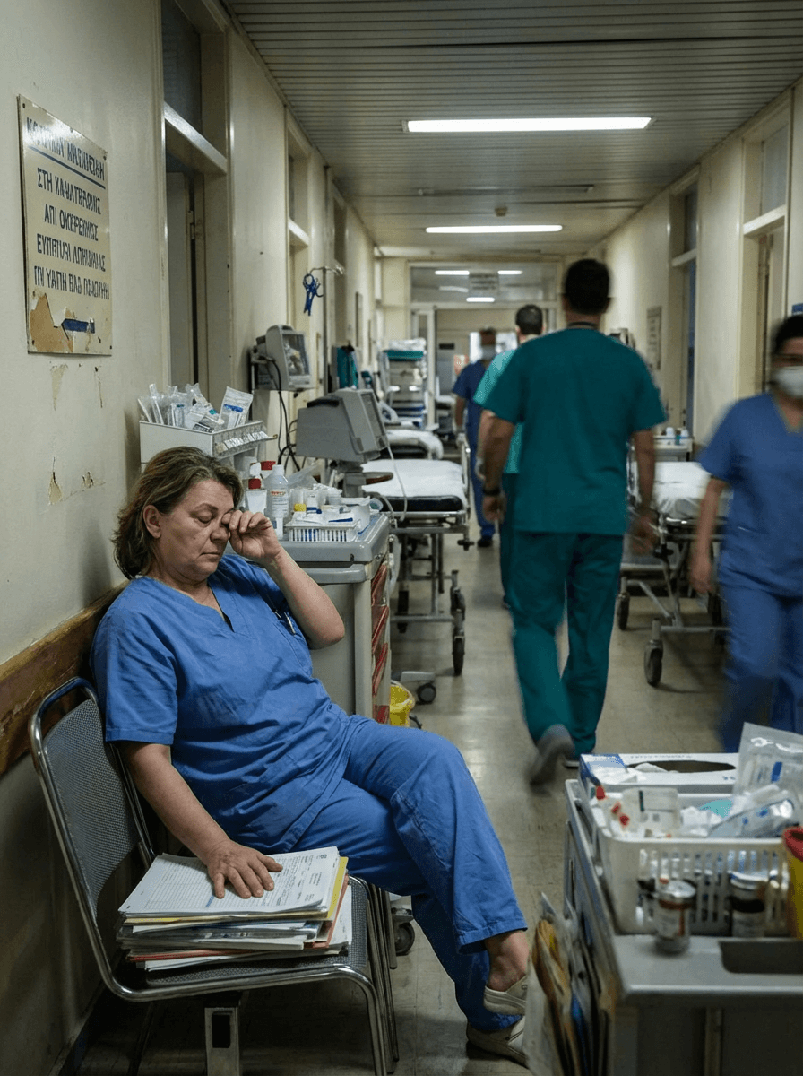 Overworked healthcare staff in a Greek hospital, reflecting staff shortages.