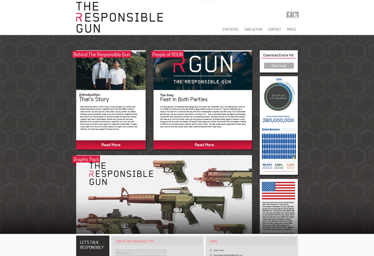 A webpage titled “THE RESPONSIBLE GUN” displays four magazine covers: “Behind The Responsible Gun,” “People of RGUN,” “Introduction: That’s Story,” and “The Gray: Feet in Both Parties.” Below these covers are sections for “Graphic Pack” and “LET’S TALK RESPONSIBLY,” along with contact information including a phone number and email address. The page has a dark gray background with a white header and footer. A download box is visible in the top right corner.