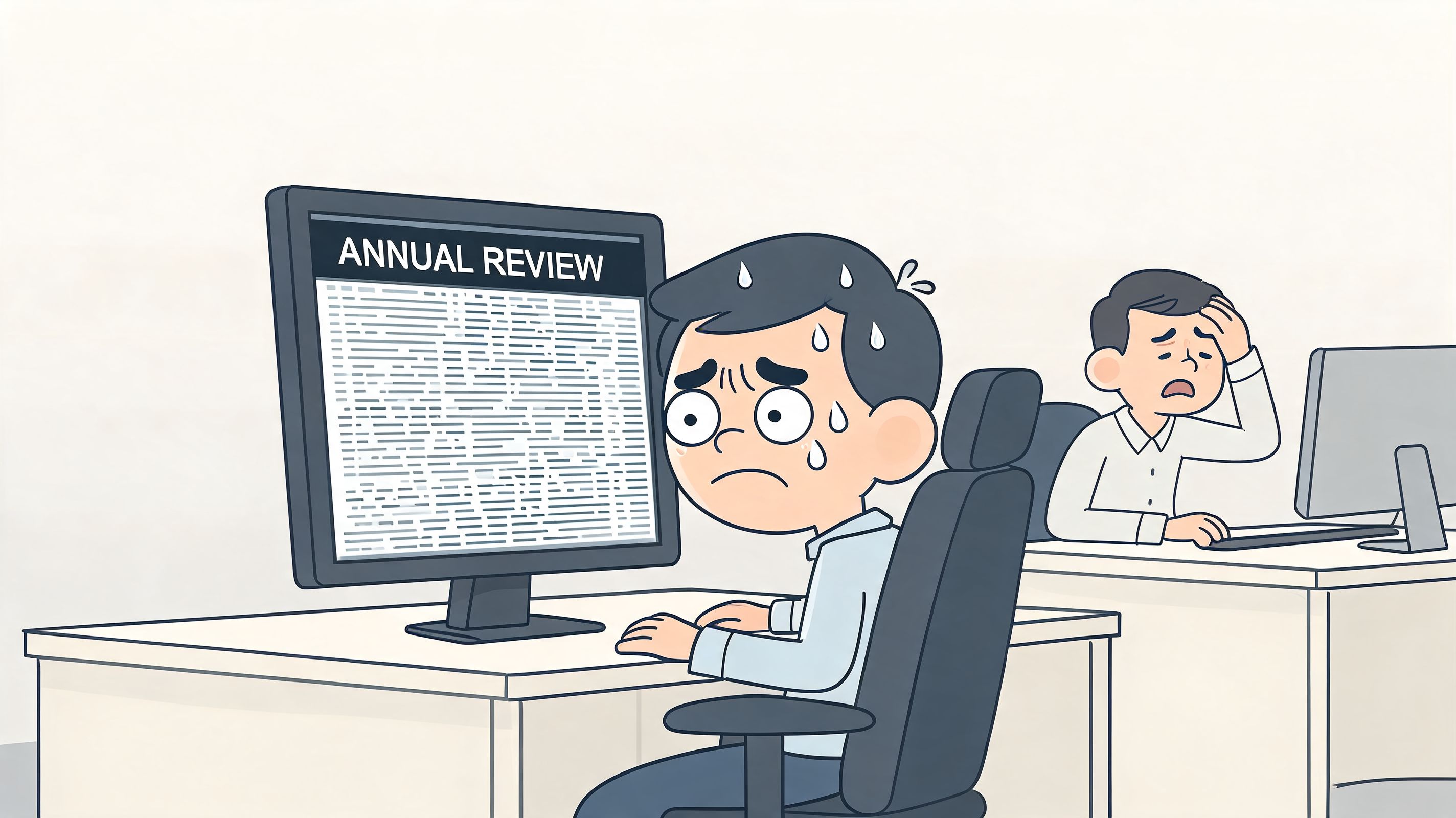 Two stressed employees sitting at office desks looking at their annual performance reviews on computer screens.