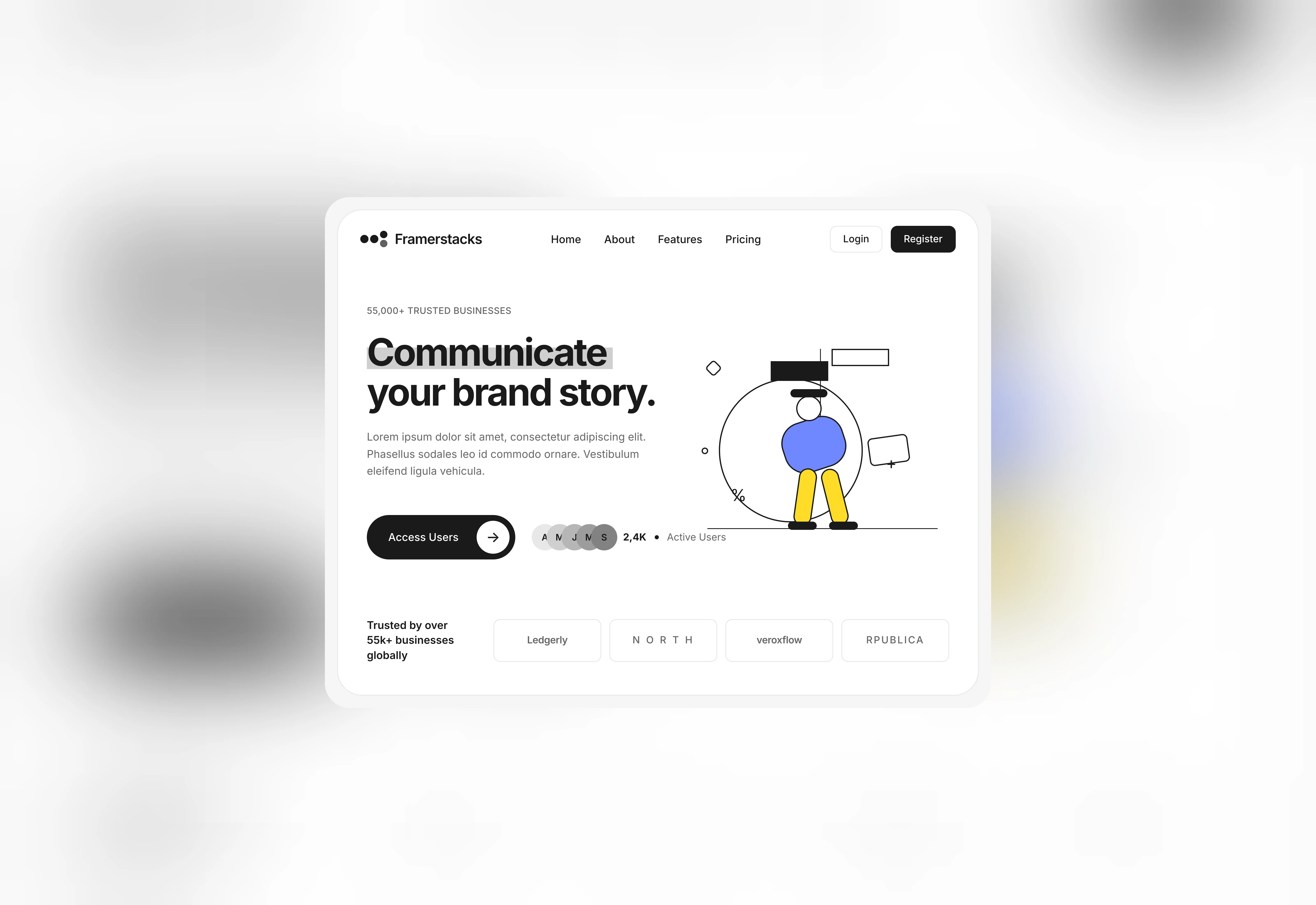 A light themed SaaS hero section with navigation bar for Framer. The section is fit for tablet screens.