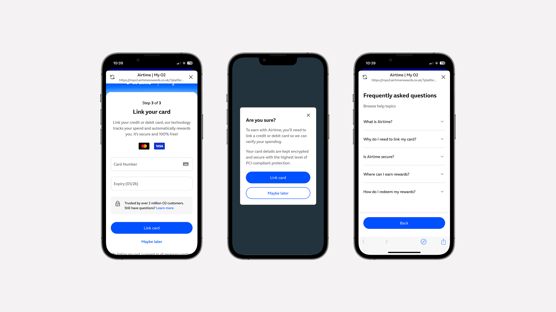 Three mobile screens showing the link-card form, a confirmation modal, and an FAQ page about Airtime.