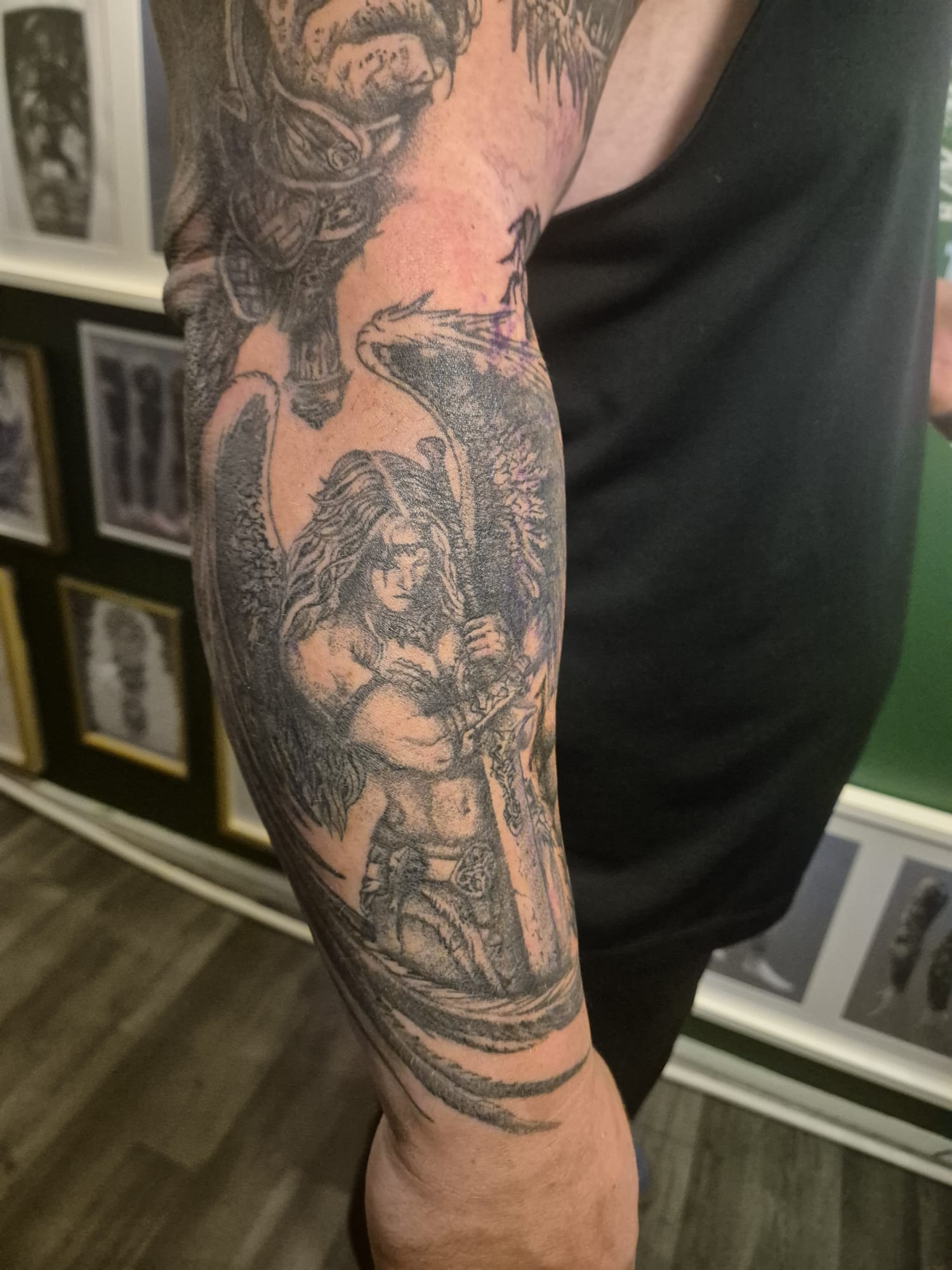 Full forearm tattoo sleeve with floral shading in Hazel Grove