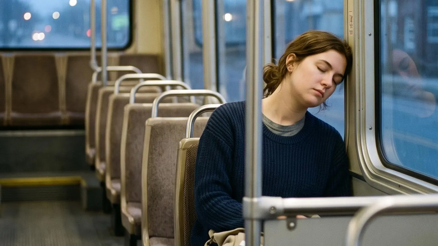 A woman asleep against the window of an early morning bus, cold blue light outside