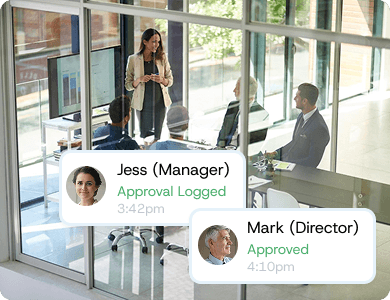 Two managers reviewing documents in an office with approval pop-ups labelled “Jess (Manager) Approved” and “Mark (Director) Approved,” symbolising project verification and accountability.