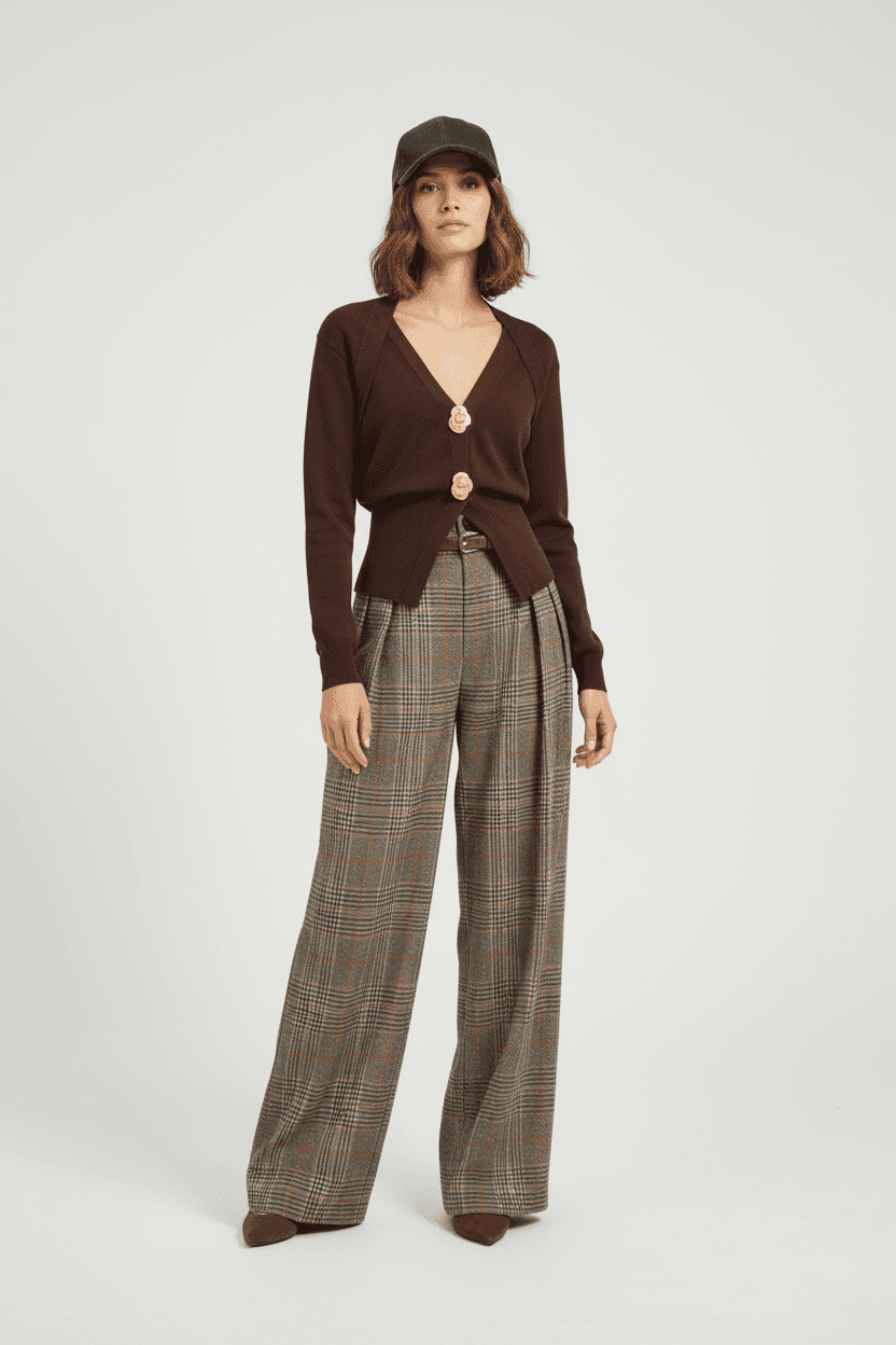 Elegant woman generated by AI wearing a brown pull