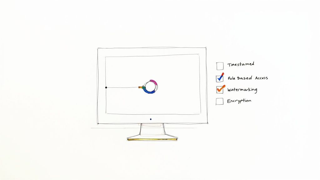 Computer monitor displaying security checklist with role-based access and watermarking features checked for collaborative video editing