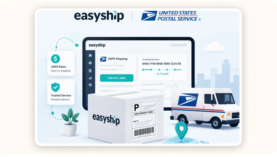 Easyship and USPS integration dashboard with shipping, tracking, and delivery illustration&nbsp;